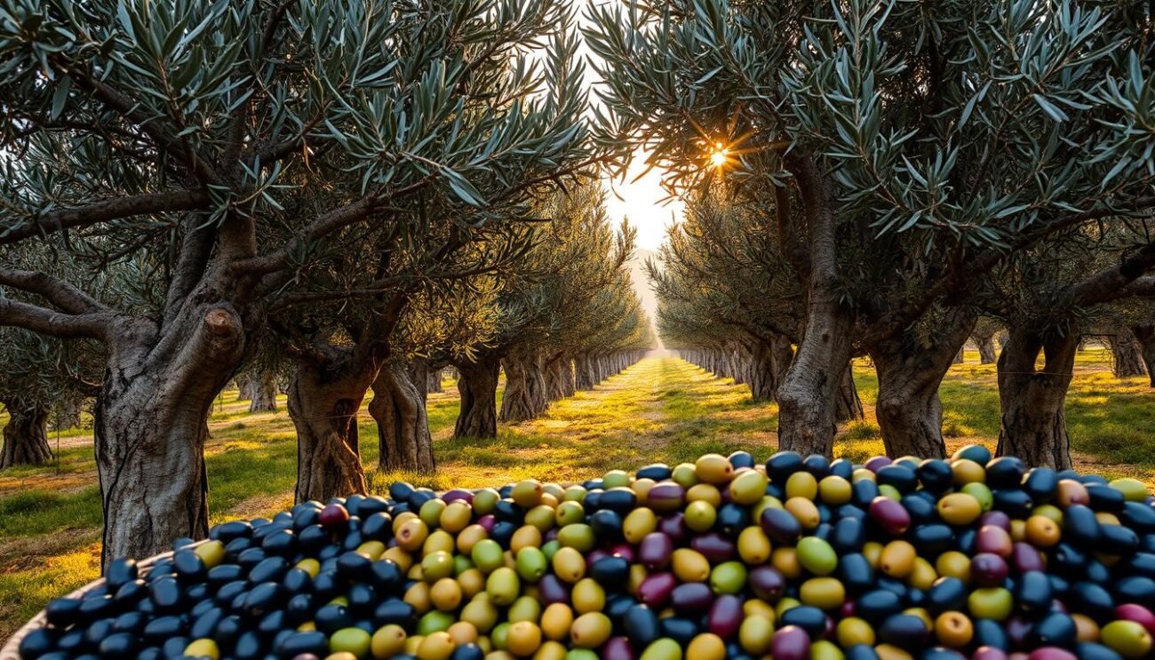A lush Mediterranean olive grove, its branches heavy with a bountiful harvest of diverse olive varieties. Gnarled trunks and silvery-green leaves create a picturesque landscape, illuminated by warm, golden sunlight filtering through the canopy. In the foreground, a display of carefully curated olives in shades of black, green, and purple, showcasing the region's prized Lucanian DOP olive oil. The scene evokes a sense of tradition, craftsmanship, and the rich agricultural heritage of Basilicata. The image captures the essence of the "Le Varietà di Olive del Territorio Lucano" section, a visually captivating representation of the local olive cultivars.