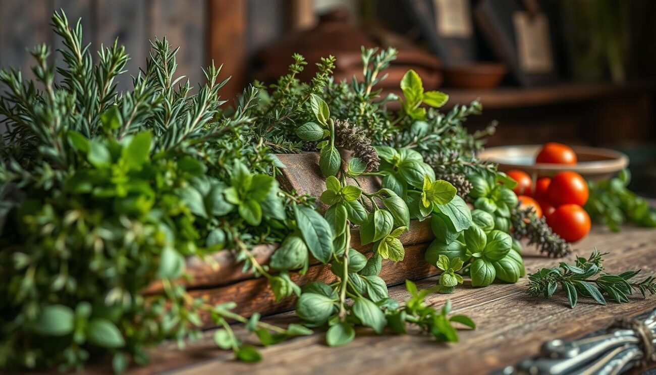 A lush, aromatic display of freshly harvested Mediterranean herbs. A rustic, wooden table holds an artful arrangement of vibrant rosemary, fragrant thyme, verdant basil, and other culinary delights. Soft, warm lighting captures the earthy, herbaceous atmosphere, while a vintage-inspired lens lends a timeless, evocative quality. The scene emanates a sense of traditional Italian craftsmanship and the intoxicating scents of an authentic herbal apothecary. A lush, aromatic display of freshly harvested Mediterranean herbs. A rustic, wooden table holds an artful arrangement of vibrant rosemary, fragrant thyme, verdant basil, and other culinary delights. Soft, warm lighting captures the earthy, herbaceous atmosphere, while a vintage-inspired lens lends a timeless, evocative quality. The scene emanates a sense of traditional Italian craftsmanship and the intoxicating scents of an authentic herbal apothecary.