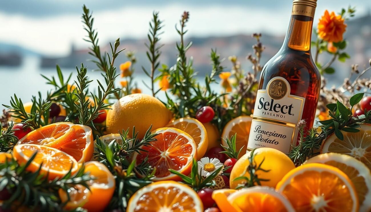 A lush, meticulously composed botanical scene showcasing the key ingredients of the classic Select Veneziano Dorato aperitif. In the foreground, vibrant citrus peels and botanicals such as orange, lemon, and juniper berries are artfully arranged. The middle ground features elegant sprigs of rosemary, thyme, and other aromatic herbs, while the background subtly hints at the gentle rolling hills and glimmering waters of the Venetian lagoon. Soft, diffused natural lighting bathes the scene, creating a warm, inviting atmosphere that evokes the charm and sophistication of this iconic Italian aperitivo. The composition is balanced, harmonious, and captures the essence of the "Select" brand in a visually captivating way. A lush, meticulously composed botanical scene showcasing the key ingredients of the classic Select Veneziano Dorato aperitif. In the foreground, vibrant citrus peels and botanicals such as orange, lemon, and juniper berries are artfully arranged. The middle ground features elegant sprigs of rosemary, thyme, and other aromatic herbs, while the background subtly hints at the gentle rolling hills and glimmering waters of the Venetian lagoon. Soft, diffused natural lighting bathes the scene, creating a warm, inviting atmosphere that evokes the charm and sophistication of this iconic Italian aperitivo. The composition is balanced, harmonious, and captures the essence of the "Select" brand in a visually captivating way.