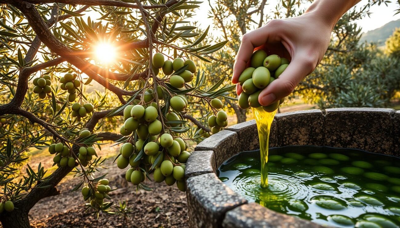 A lush olive grove in the heart of Basilicata, the sun's golden rays filtering through the gnarled branches. Weathered hands carefully harvest the plump, verdant olives, their aroma mingling with the earthy scent of the soil. In a traditional stone mill, the olives are meticulously crushed, the emerald-hued liquid flowing into gleaming containers. This is the ancient, time-honored process of crafting the renowned Lucano DOP extra-virgin olive oil - from tree to bottle, preserving the essence of the land and the rich heritage of the region.