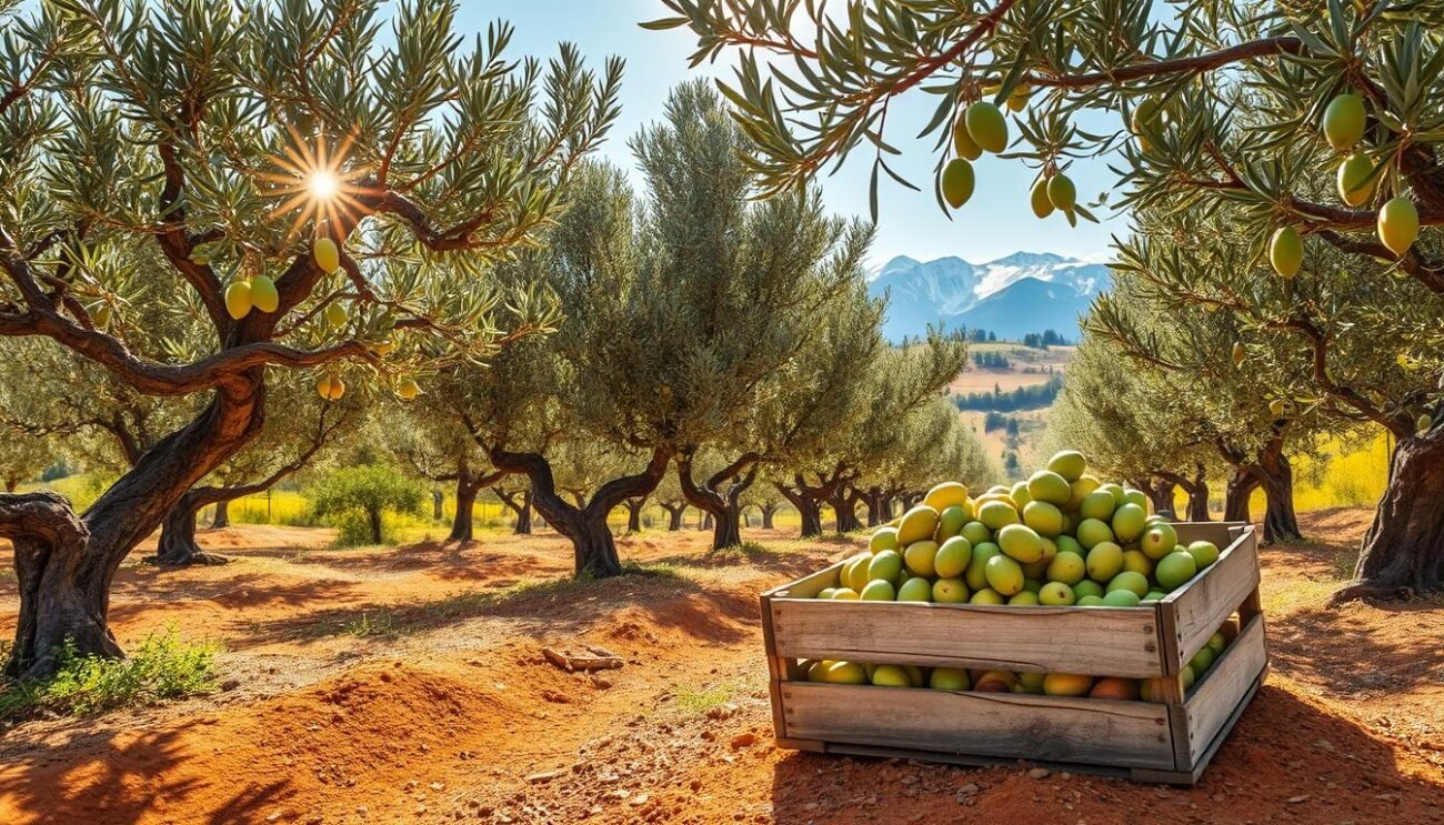 A lush olive grove nestled in the rolling hills of Friuli Venezia Giulia, Italy. Sunlight filters through the gnarled, silver-green canopy, casting a warm glow over the glistening, plump olives clinging to the branches. In the foreground, a weathered wooden crate overflows with the freshly harvested fruit, its earthy tones complementing the rich, ochre soil underfoot. In the distance, the majestic peaks of the Julian Alps rise up, their snow-capped summits a striking contrast to the verdant landscape. The scene radiates a sense of tradition, heritage, and the bountiful gifts of the region's unique terroir.