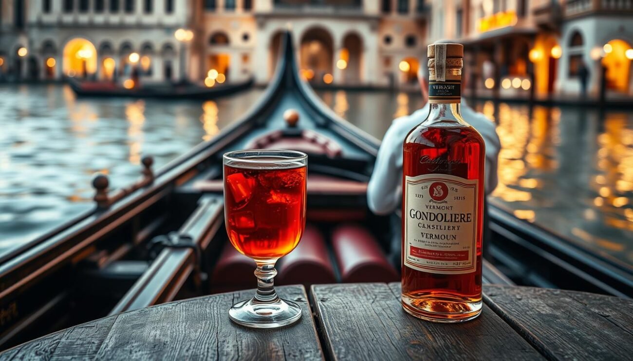 A lush, opulent scene of a Venetian gondola, its ornate wooden hull gently rocking on the serene waters of a canal. The gondolier, dressed in a crisp white shirt and a classic striped sash, expertly navigates the boat, his movements fluid and graceful. Surrounding the gondola, the reflected light of the city's historic architecture dances on the surface of the water, casting a warm, golden glow. In the foreground, a glass of amber-hued Vermouth Gondoliere sits atop a weathered wooden table, its floral notes mingling with the scent of freshly bloomed sambuco blossoms. The overall atmosphere evokes the timeless elegance and traditional charm of Venice, a fitting tribute to the city's enduring influence on the iconic aperitivo.