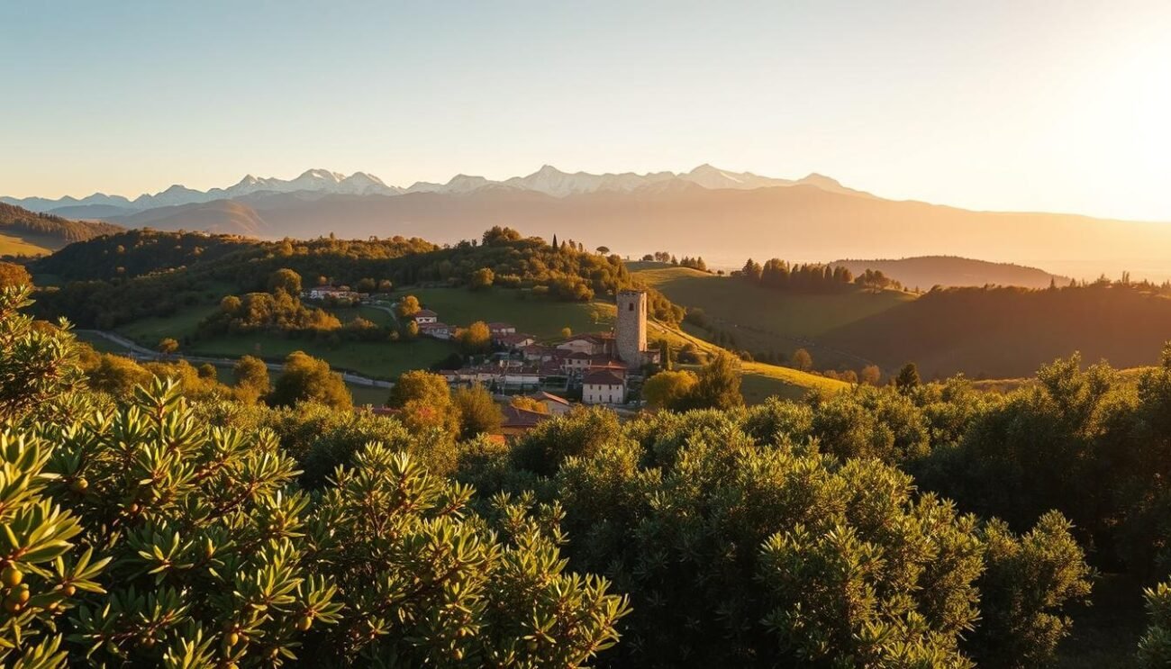 A lush, rolling landscape of the Friuli Venezia Giulia region, bathed in warm, golden light. In the foreground, a vibrant, verdant olive grove, the trees heavy with glistening, ripe olives. The middle ground reveals a quaint, charming town nestled among the hills, its terracotta roofs and stone walls casting long shadows. In the distance, the majestic peaks of the Julian Alps rise, their snow-capped summits glimmering under the gentle sun. The whole scene exudes a sense of tranquility and timelessness, capturing the unique microclimate that gives the Friuli Venezia Giulia olive oil its distinctive, exceptional flavor.