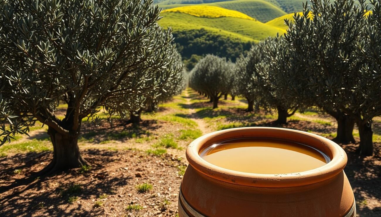 A lush, rolling olive grove set against the verdant hills of Molise, Italy. Sunlight dapples the gnarled, silvery-green trees, casting warm shadows across the well-tended earth. In the foreground, a weathered terracotta vessel overflows with the region's prized extra virgin olive oil, its golden hue glistening invitingly. The scene evokes a sense of rustic elegance, a celebration of the land's bountiful harvest and the centuries-old traditions that have shaped this exceptional, artisanal product. A truly distinctive gastronomic treasure, the Olio di Oliva Molise. A lush, rolling olive grove set against the verdant hills of Molise, Italy. Sunlight dapples the gnarled, silvery-green trees, casting warm shadows across the well-tended earth. In the foreground, a weathered terracotta vessel overflows with the region's prized extra virgin olive oil, its golden hue glistening invitingly. The scene evokes a sense of rustic elegance, a celebration of the land's bountiful harvest and the centuries-old traditions that have shaped this exceptional, artisanal product. A truly distinctive gastronomic treasure, the Olio di Oliva Molise.