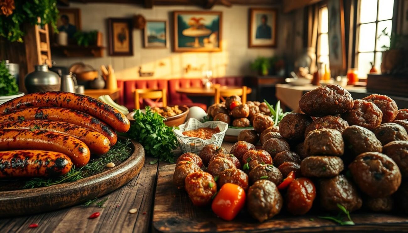 A lush, rustic Italian kitchen scene, bathed in warm, golden light. In the foreground, a bountiful display of traditional Italian meat specialties - sizzling sausages, juicy burgers, and perfectly formed meatballs, each showcasing the rich flavors and textures that have made them beloved staples of Italian cuisine for generations. In the middle ground, a weathered wooden table is adorned with a simple, yet elegant tablecloth, complemented by a selection of fresh herbs, spices, and other ingredients that lend their unique signatures to these iconic dishes. The background reveals a glimpse of a cozy, authentic trattoria, its walls adorned with vintage Italian artwork and the scent of simmering sauces wafting through the air, creating an atmosphere of timeless culinary tradition.