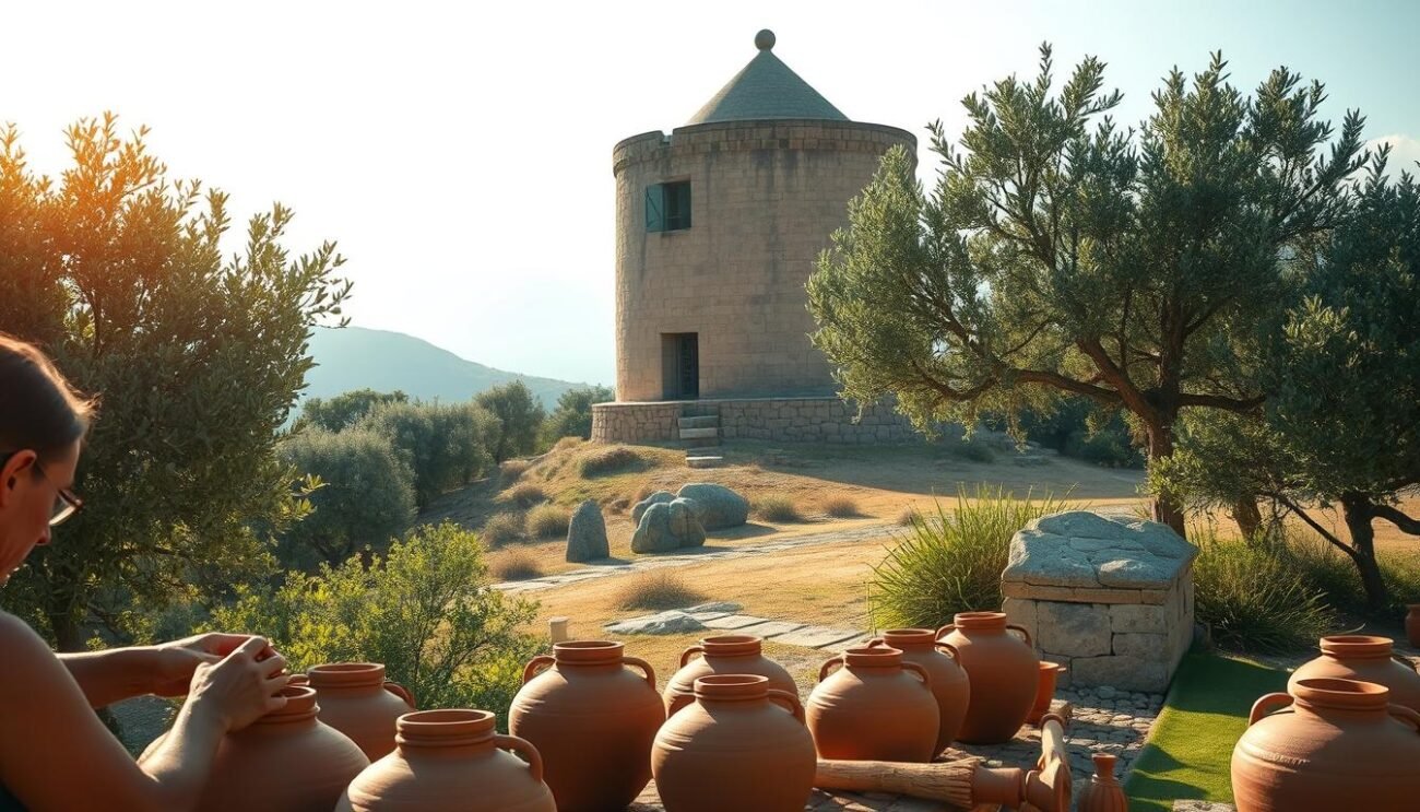 A lush, sun-dappled scene of the ancient Nuragic civilization in Sardinia. In the foreground, a group of artisans carefully craft traditional clay vessels, their hands deftly shaping the rich, ochre-toned material. In the middle ground, a circular Nuragic tower rises, its distinctive conical shape silhouetted against a hazy, azure sky. Surrounding the tower, verdant olive groves and ancient granite boulders create a timeless, rustic atmosphere. Warm, golden light filters through the foliage, casting a soft glow over the entire composition. The mood is one of timeless tradition, artisanal skill, and the enduring connection between the people of Sardinia and their ancestral landscape. A lush, sun-dappled scene of the ancient Nuragic civilization in Sardinia. In the foreground, a group of artisans carefully craft traditional clay vessels, their hands deftly shaping the rich, ochre-toned material. In the middle ground, a circular Nuragic tower rises, its distinctive conical shape silhouetted against a hazy, azure sky. Surrounding the tower, verdant olive groves and ancient granite boulders create a timeless, rustic atmosphere. Warm, golden light filters through the foliage, casting a soft glow over the entire composition. The mood is one of timeless tradition, artisanal skill, and the enduring connection between the people of Sardinia and their ancestral landscape.