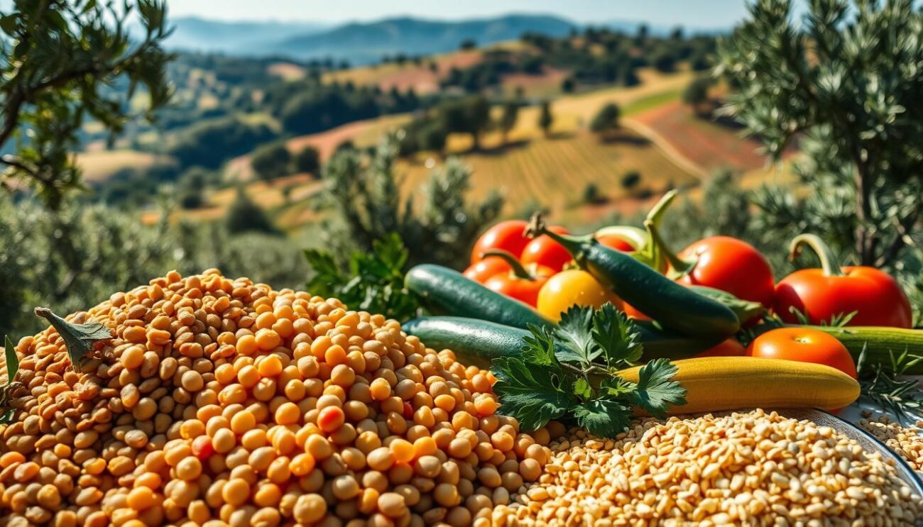 A lush, sun-drenched Mediterranean landscape, filled with vibrant hues of green, blue, and golden hues. In the foreground, an assortment of plant-based protein sources, such as lentils, chickpeas, and quinoa, are artfully arranged, their textures and colors creating a visually striking composition. In the middle ground, fresh seasonal vegetables - tomatoes, zucchini, eggplant - are depicted in a rustic, farm-to-table setting, reflecting the heart of the Mediterranean diet. The background features a gently rolling hillside, dotted with olive trees and vineyards, conveying a sense of tranquility and timelessness. The overall mood is one of abundance, simplicity, and a deep connection to the land. The lighting is soft and natural, casting a warm, inviting glow over the scene. Captured with a wide-angle lens to emphasize the expansive, harmonious nature of the Mediterranean lifestyle.