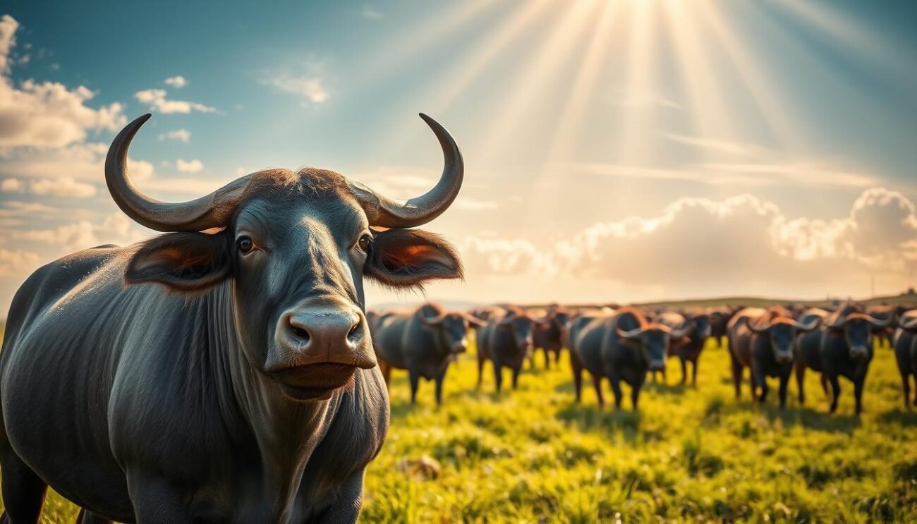 A lush, sun-drenched field of verdant pastures, where a herd of majestic, slate-gray Italian water buffaloes graze peacefully. Their gentle eyes reflect the tranquility of the Mediterranean landscape. Beams of golden light filter through wispy clouds, casting a warm, ethereal glow over the scene. In the foreground, a single buffalo stands proud, its muscular frame and curved horns a testament to the breed's hardy resilience. The attention to detail is exquisite, capturing the unique texture of the buffalo's hide and the subtle nuances of its facial features. The composition is balanced, drawing the viewer's gaze to the captivating subject at the heart of this idyllic pastoral tableau. A lush, sun-drenched field of verdant pastures, where a herd of majestic, slate-gray Italian water buffaloes graze peacefully. Their gentle eyes reflect the tranquility of the Mediterranean landscape. Beams of golden light filter through wispy clouds, casting a warm, ethereal glow over the scene. In the foreground, a single buffalo stands proud, its muscular frame and curved horns a testament to the breed's hardy resilience. The attention to detail is exquisite, capturing the unique texture of the buffalo's hide and the subtle nuances of its facial features. The composition is balanced, drawing the viewer's gaze to the captivating subject at the heart of this idyllic pastoral tableau.