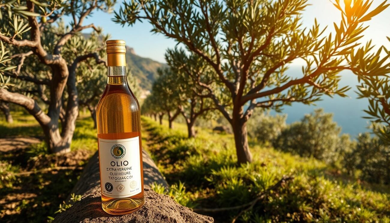 A lush, sun-drenched olive grove in the Ligurian countryside, the gnarled trees casting soft shadows across the fertile soil. In the foreground, a glass bottle of golden "olio extra vergine di oliva ligure" shimmers, its label highlighting the Taggiasco variety and the region's unique microclimate. The background features the rugged coastline, with the deep blue of the Mediterranean Sea contrasting the verdant foliage. The lighting is warm and inviting, capturing the essence of this cherished Ligurian culinary treasure and its remarkable health benefits. A lush, sun-drenched olive grove in the Ligurian countryside, the gnarled trees casting soft shadows across the fertile soil. In the foreground, a glass bottle of golden "olio extra vergine di oliva ligure" shimmers, its label highlighting the Taggiasco variety and the region's unique microclimate. The background features the rugged coastline, with the deep blue of the Mediterranean Sea contrasting the verdant foliage. The lighting is warm and inviting, capturing the essence of this cherished Ligurian culinary treasure and its remarkable health benefits.