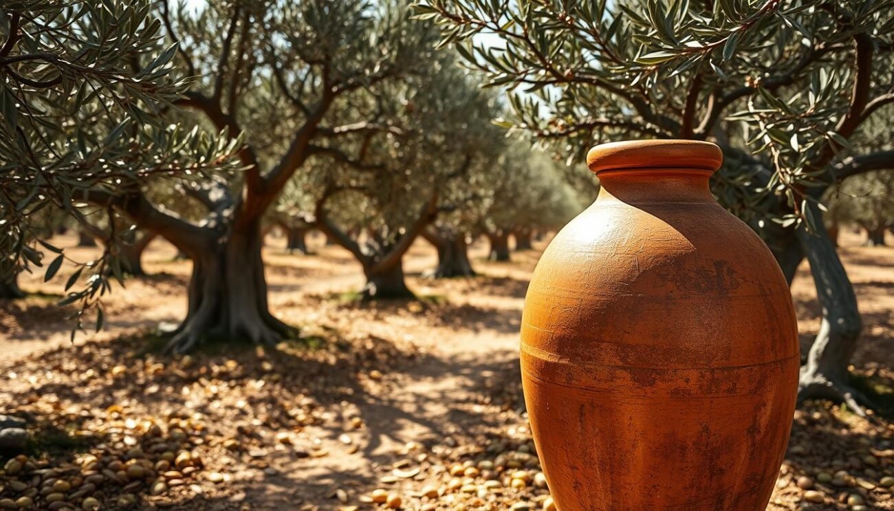 A lush, sun-drenched olive grove in the heart of Puglia, Italy. Gnarled, centuries-old trees sway gently in the warm breeze, their silvery leaves shimmering. The ground is carpeted with a rich, earthy tapestry of fallen olives, ready to be harvested. In the foreground, a weathered terracotta jar filled with the region's prized extra virgin olive oil, its golden hue gleaming. The scent of herbs and citrus wafts through the air, promising a robust, complex flavor profile. A sense of timeless tradition and artisanal craft permeates the scene, inviting the viewer to savor the unique terroir of Puglia's celebrated olive oil.