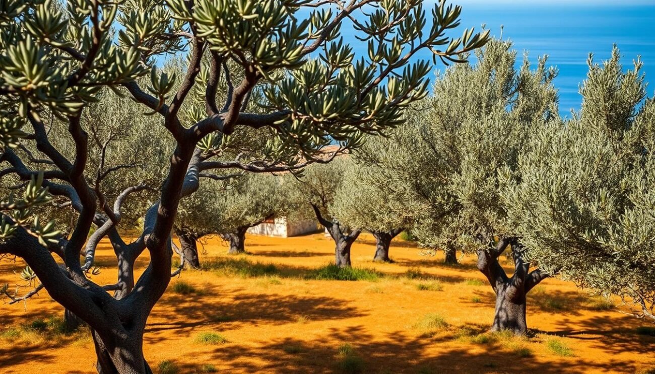 A lush, sun-drenched olive grove in the rolling hills of Campania, Italy. In the foreground, gnarled, silvery-green olive trees sway gently in a soft breeze, their twisted trunks and branches casting intricate shadows on the rich, ochre-colored earth below. Mid-ground, a traditional stone farmhouse nestles among the trees, its weathered walls and terracotta roof tiles glowing warmly in the golden afternoon light. In the distance, the azure waters of the Tyrrhenian Sea shimmer on the horizon, the horizon line blurring softly. The scene exudes a sense of timeless tranquility and the unique character of Campania's celebrated olive oil.