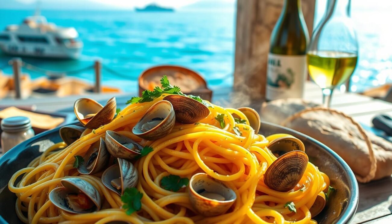 A lush, sun-drenched scene of spaghetti vongole, the classic Neapolitan dish. In the foreground, a steaming bowl of long, al dente pasta intertwined with plump, briny clams, their shells glistening. Slivers of garlic, flecks of parsley, and a drizzle of golden olive oil adorn the dish, creating a symphony of flavors. The middle ground features a rustic wooden table, a crusty loaf of bread, and a carafe of crisp white wine, setting the stage for a leisurely Italian feast. In the background, a warm, hazy Mediterranean atmosphere evokes the coastal charm of Naples, with a glimpse of azure waters and a distant ferry on the horizon. Soft, diffused lighting illuminates the scene, casting a tranquil, inviting ambiance. A lush, sun-drenched scene of spaghetti vongole, the classic Neapolitan dish. In the foreground, a steaming bowl of long, al dente pasta intertwined with plump, briny clams, their shells glistening. Slivers of garlic, flecks of parsley, and a drizzle of golden olive oil adorn the dish, creating a symphony of flavors. The middle ground features a rustic wooden table, a crusty loaf of bread, and a carafe of crisp white wine, setting the stage for a leisurely Italian feast. In the background, a warm, hazy Mediterranean atmosphere evokes the coastal charm of Naples, with a glimpse of azure waters and a distant ferry on the horizon. Soft, diffused lighting illuminates the scene, casting a tranquil, inviting ambiance.