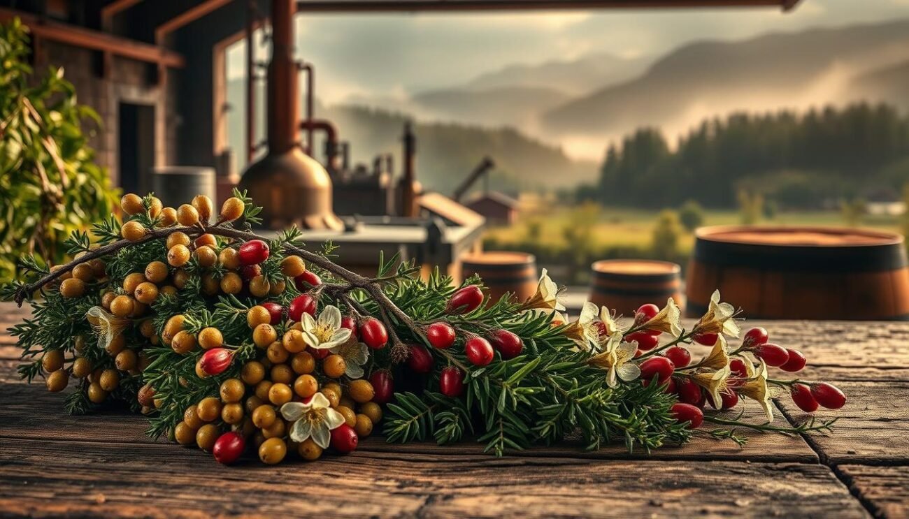 A lush, verdant botanical scene depicting the historic botanicals used in the production of Jenever Lombardo Antico, a traditional Italian juniper-based spirit infused with linden honey. In the foreground, clusters of juniper berries and sprigs of fragrant linden blossoms are laid out on a weathered wooden surface, their colors and textures capturing the artisanal craftsmanship of this centuries-old liquor. The middle ground reveals a hazy, atmospheric rendering of a vintage distillery, its copper stills and aging casks hinting at the meticulous processes involved. In the background, a softly-lit, dreamlike landscape of rolling hills and misty forests evokes the rugged, pastoral terroir of Lombardy, Italy, where this historic spirit is produced. Warm, golden lighting casts a nostalgic glow over the entire composition, conveying the timeless elegance and tradition of Jenever Lombardo Antico.
