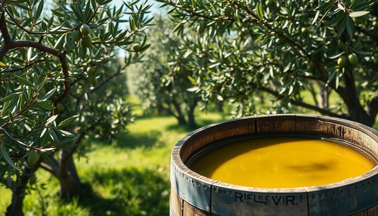 A lush, verdant olive grove nestled in the rolling hills of Lombardia, Italy. Sunlight filters through the gnarled, silvery-green leaves, casting a warm glow over the plump, glossy olives. In the foreground, a weathered wooden barrel sits, brimming with the rich, golden-green nectar of the region's prized Olio di Oliva Lombardia. The scene is captured through a crisp, high-resolution lens, emphasizing the textural details and vibrant hues. The overall atmosphere exudes a sense of rustic elegance, reflecting the excellence and artisanal craftsmanship of this exceptional olive oil.