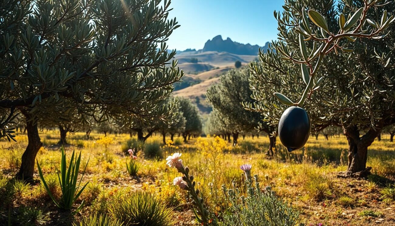 A lush, verdant olive grove nestled in the rolling hills of Sicily's Val di Mazara region. Sunlight filters through the gnarled, silvery-green leaves, casting a warm, golden glow over the scene. The ground is blanketed in a carpet of wild herbs and wildflowers, their vibrant hues adding splashes of color to the tranquil landscape. In the foreground, a single, glistening olive stands proud, its glossy, midnight-hued fruit a testament to the region's unique terroir. The background is framed by the gentle slopes of the Monti Iblei, their limestone peaks reaching towards the azure Sicilian sky. This is the essence of Sicilian olive oil, a product of the island's unparalleled microclimate and ancient agricultural traditions.