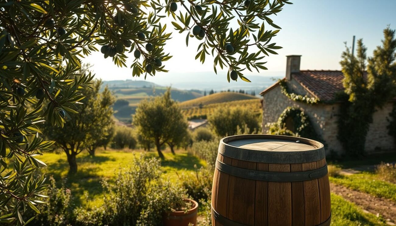 A lush, verdant olive grove nestled in the rolling hills of Veneto, Italy. Sunlight filters through the gently swaying leaves, casting a warm, golden glow over the scene. In the foreground, a weathered wooden cask stands, its surface etched with the passage of time, a testament to the region's storied olive oil tradition. Nearby, a small stone building, its facade adorned with climbing vines, hints at the care and craftsmanship behind the production of this delicate, flavorful oil. The background is a panoramic vista of the Colli Euganei, their soft silhouettes stretching out towards the horizon, a sublime natural backdrop for this quintessential Italian landscape.
