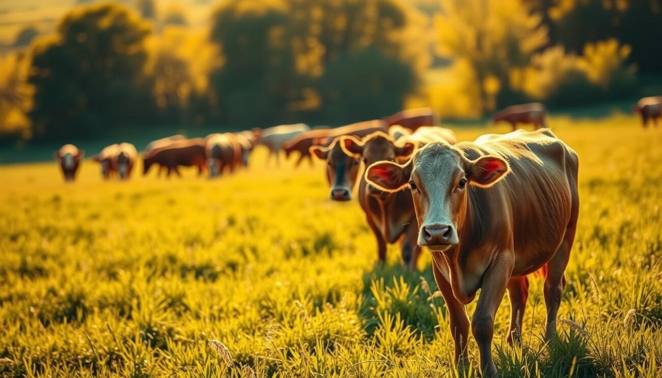 A lush, verdant pasture bathed in warm, golden sunlight. A herd of free-range cattle graze peacefully, their coats sleek and healthy. In the foreground, a single cow stands out, its eyes gentle and its movements unhurried. The scene conveys a sense of harmony, with the cattle's natural behavior and the bountiful landscape in perfect balance. The image evokes the purity and wholesomeness of organic, sustainably raised meat - a nourishing choice that respects both the animals and the environment. A lush, verdant pasture bathed in warm, golden sunlight. A herd of free-range cattle graze peacefully, their coats sleek and healthy. In the foreground, a single cow stands out, its eyes gentle and its movements unhurried. The scene conveys a sense of harmony, with the cattle's natural behavior and the bountiful landscape in perfect balance. The image evokes the purity and wholesomeness of organic, sustainably raised meat - a nourishing choice that respects both the animals and the environment.