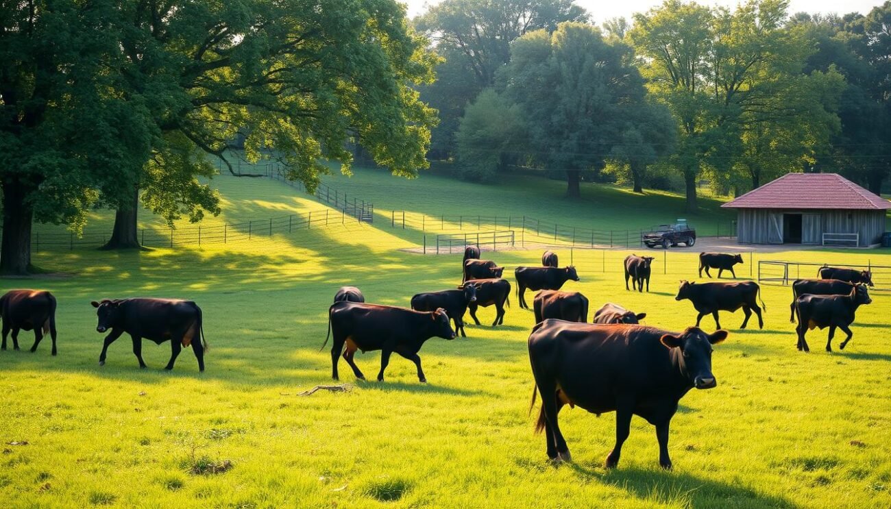 A lush, verdant pasture stretches out, dotted with grazing cattle. The animals roam freely, their coats sleek and healthy. Sunlight filters through the canopy of trees, casting a warm, golden glow over the scene. Fences and pens are discreetly positioned, blending seamlessly with the natural landscape. In the distance, a small, rustic barn stands, its weathered wood and red-tiled roof complementing the bucolic setting. The atmosphere is one of tranquility and harmony, reflecting the care and attention given to the animals' wellbeing in this organic, sustainable farm. A lush, verdant pasture stretches out, dotted with grazing cattle. The animals roam freely, their coats sleek and healthy. Sunlight filters through the canopy of trees, casting a warm, golden glow over the scene. Fences and pens are discreetly positioned, blending seamlessly with the natural landscape. In the distance, a small, rustic barn stands, its weathered wood and red-tiled roof complementing the bucolic setting. The atmosphere is one of tranquility and harmony, reflecting the care and attention given to the animals' wellbeing in this organic, sustainable farm.