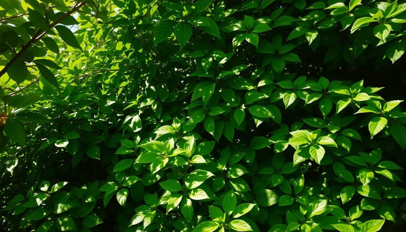 A lush, verdant scene teeming with vibrant green foliage. Captivating leaves in a variety of shapes and sizes, casting soft, natural shadows across the frame. Dappled sunlight filters through the canopy, creating a warm, inviting atmosphere. The scene is bathed in a gentle, diffused light, with a slight haze adding depth and atmosphere. The overall impression is one of peaceful tranquility, highlighting the beauty and abundance of nature's green bounty. A serene, organic composition that perfectly complements the "Alternative ai Formaggi: Altre Fonti di Calcio" section of the article.