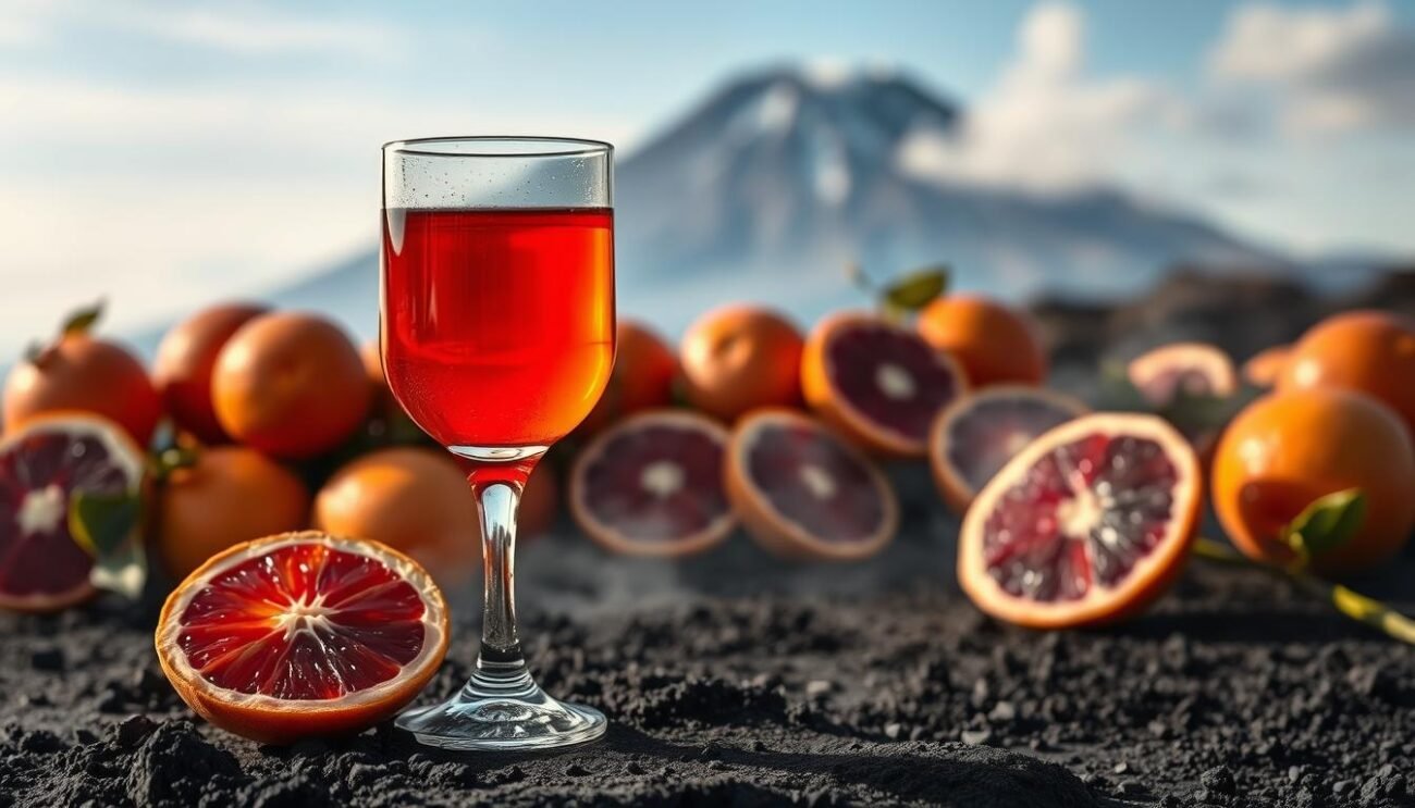 A lush, vibrant scene showcasing the unique ingredients of Rosolio Siciliano Etna: a cocktail volcanic in nature, infused with the rich, crimson hues of Sicilian blood oranges and the ethereal ash of Mount Etna. In the foreground, a glass of the alluring liqueur sits atop a dark, charcoal-hued surface, its deep amber tones catching the warm, filtered light. Behind it, a cluster of plump, juicy blood oranges spills across the frame, their segmented flesh exposed in a tantalizing display. In the background, the iconic silhouette of Mount Etna looms, its snow-capped peak and gently billowing plumes of smoke adding an otherworldly, mysterious element to the scene. The lighting is soft and diffused, creating a sense of depth and atmosphere that evokes the rugged, yet captivating, terroir of Sicily. A lush, vibrant scene showcasing the unique ingredients of Rosolio Siciliano Etna: a cocktail volcanic in nature, infused with the rich, crimson hues of Sicilian blood oranges and the ethereal ash of Mount Etna. In the foreground, a glass of the alluring liqueur sits atop a dark, charcoal-hued surface, its deep amber tones catching the warm, filtered light. Behind it, a cluster of plump, juicy blood oranges spills across the frame, their segmented flesh exposed in a tantalizing display. In the background, the iconic silhouette of Mount Etna looms, its snow-capped peak and gently billowing plumes of smoke adding an otherworldly, mysterious element to the scene. The lighting is soft and diffused, creating a sense of depth and atmosphere that evokes the rugged, yet captivating, terroir of Sicily.