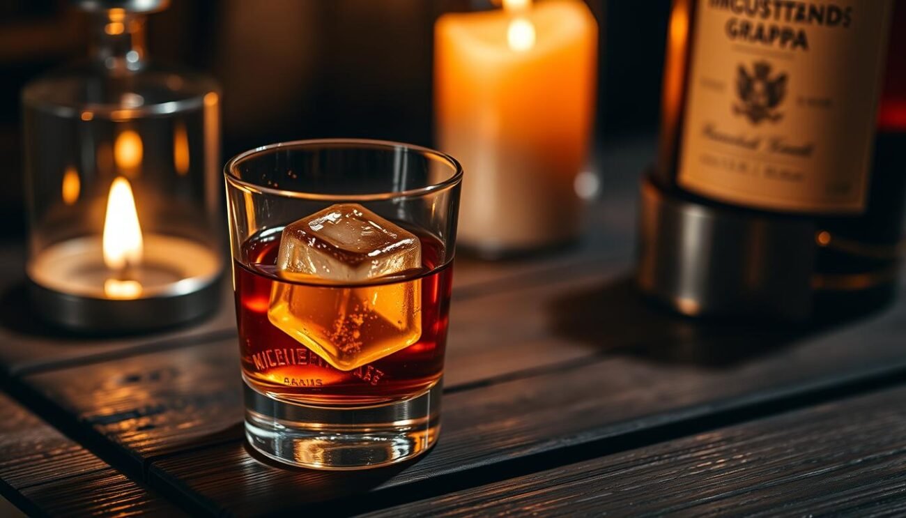 A luxurious old fashioned glass filled with a rich, amber-hued liquid, surrounded by a warm, inviting ambiance. The glass rests on a dark, weathered wooden surface, reflecting the warm glow of a nearby candle flame. The grappa within, aged to perfection in oak barrels, mingles with a touch of honey, creating a complex, compelling aroma. A single, elegant ice cube gently melts, its surface catching the light in a mesmerizing dance. The scene evokes a sense of tradition, sophistication, and a touch of Italian flair, inviting the viewer to savor the moment and experience the true essence of the "Old Fashioned Rivisitato".