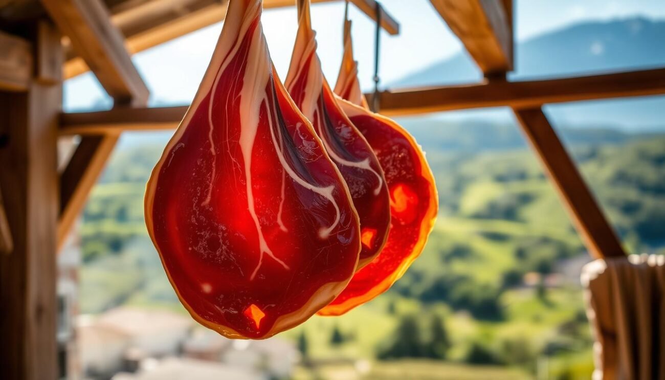 A masterfully cured prosciutto crudo, its deep red flesh glistening under warm Italian sunlight. Silky ribbons of fat delicately lace through the meat, creating a visually captivating and mouthwatering display. The prosciutto hangs in a rustic, wood-beamed setting, its smoky aroma permeating the air. In the background, a glimpse of rolling Friulian hills, lush and verdant, hints at the provenance of this exceptional artisanal product. The entire scene exudes a sense of craftsmanship, tradition, and the culmination of a time-honored process - a true testament to the art and mastery of prosciutto production. A masterfully cured prosciutto crudo, its deep red flesh glistening under warm Italian sunlight. Silky ribbons of fat delicately lace through the meat, creating a visually captivating and mouthwatering display. The prosciutto hangs in a rustic, wood-beamed setting, its smoky aroma permeating the air. In the background, a glimpse of rolling Friulian hills, lush and verdant, hints at the provenance of this exceptional artisanal product. The entire scene exudes a sense of craftsmanship, tradition, and the culmination of a time-honored process - a true testament to the art and mastery of prosciutto production.