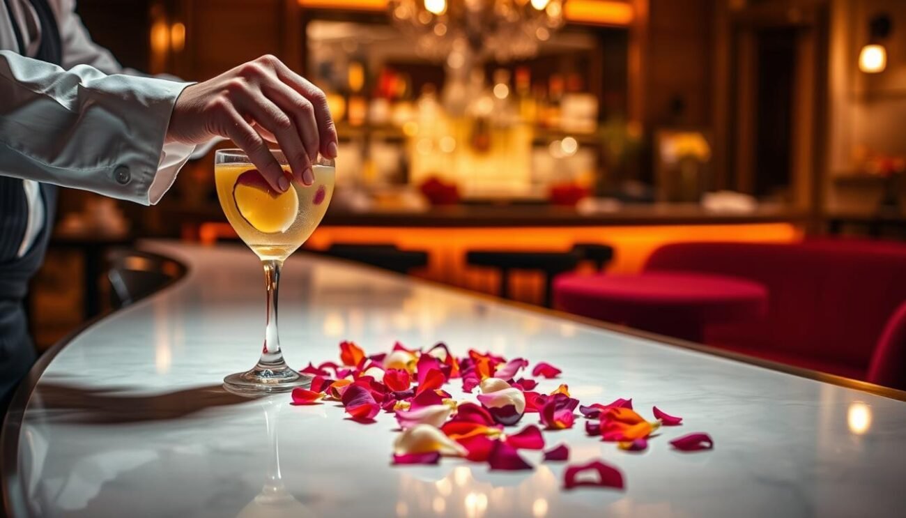 A meticulously arranged scene showcasing the art of flower mixology. In the foreground, a mixologist's skilled hands delicately crafting a cocktail, infusing it with the essence of freshly plucked blooms. The middle ground features an array of vibrant petals, artfully scattered across a sleek, polished bar surface. The background depicts a softly lit, intimate lounge setting, with a subtle, warm glow illuminating the space. The overall atmosphere exudes a sense of elegance, balance, and a celebration of the season's finest florals, perfectly encapsulating the essence of "Flower Mixology: The Trend Captivating Bars."