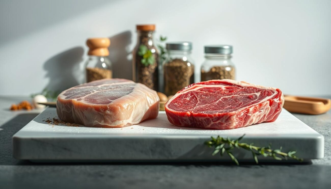 A meticulously arranged still life, capturing the contrast between fresh and frozen meat. In the foreground, a succulent cut of prime beef, its marbled texture and vibrant red hue glistening under natural light. Beside it, a frozen pork chop, its icy surface reflecting the cool, clinical atmosphere. In the middle ground, an assortment of seasonings and herbs, hinting at the distinct flavors that can be coaxed from each type of meat. The background blends seamlessly, with a clean, minimalist backdrop that emphasizes the tactile differences between the two protein sources. Crisp shadows and soft highlights create a sense of depth, inviting the viewer to experience the sensory differences between fresh and frozen meat.