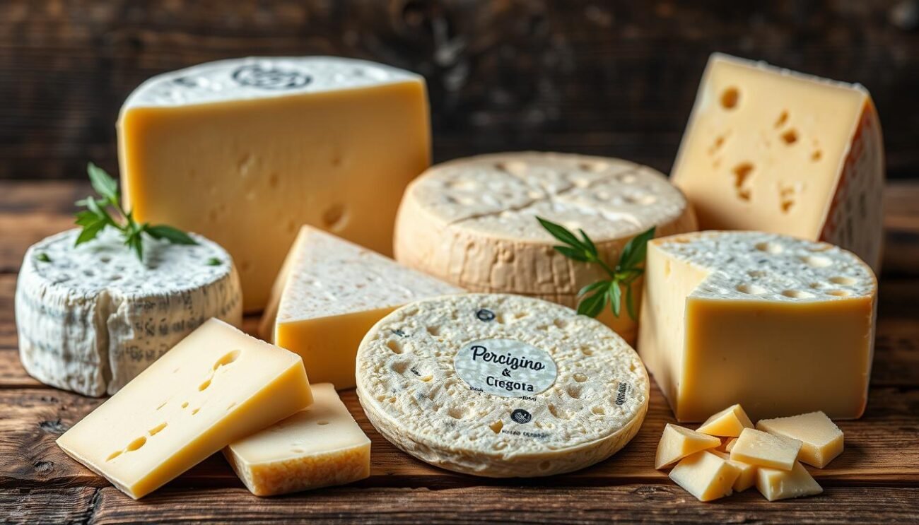 A meticulously arranged still life showcasing an assortment of iconic Italian cheeses, including Pecorino and Parmigiano. The cheeses are displayed on a rustic wooden surface, their textures and colors contrasting beautifully. Soft, even lighting illuminates the scene, casting gentle shadows and highlighting the nuanced hues of the cheeses. The image conveys a sense of artisanal craftsmanship and culinary excellence, inviting the viewer to closely examine the nutritional differences between these two celebrated dairy products. The overall composition is balanced and visually compelling, drawing the eye to the central subject matter.