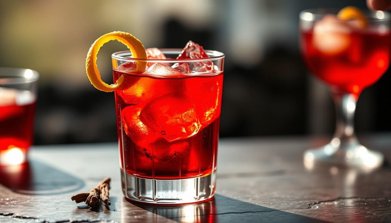 A meticulously crafted Vermouth Vesuvio cocktail, its alluring crimson hue echoing the fiery depths of Mount Vesuvius. Shimmering ice cubes clink against the glass, casting a mesmerizing play of light and shadow. Delicate citrus zest spirals atop the beverage, complementing the rich, earthy notes of the aged vermouth. In the background, a subtle hint of volcanic licorice infuses the scene, evoking the rugged terrain of the Sorrentine Peninsula. Captured through a close-up lens, the image exudes a sense of sophistication and gastronomic allure, inviting the viewer to savor the complex flavors and aromas of this captivating Neapolitan creation.