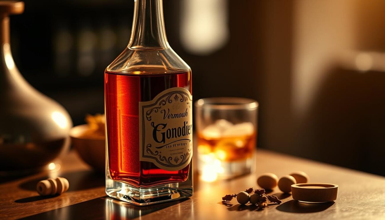 A meticulously crafted, premium glass bottle with a slender, elegant silhouette sits atop a wooden surface, its surface catching the warm, golden light that bathes the scene. The bottle's label features intricate, hand-painted designs, hinting at the artisanal nature of its contents. The background is slightly blurred, creating a sense of focus on the bottle, which appears to be the centerpiece of a carefully curated, luxurious still life. The overall mood is one of refined sophistication, reflecting the high-quality, traditional ingredients used in the Vermouth Gondoliere aperitivo.