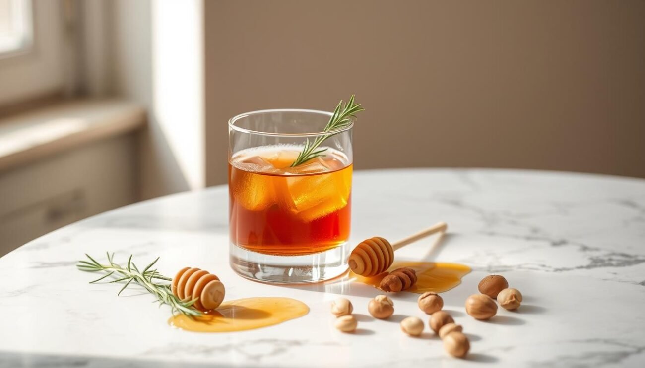 A meticulously crafted vermouth aperitif, Vermouth Torino Cortado, rests elegantly on a marble table, its amber hue gleaming under soft, natural lighting. Surrounding it, an artful arrangement of complementary flavors - a sprig of fresh rosemary, a drizzle of golden honey, and a scattering of toasted hazelnuts - invites the viewer to explore the versatile pairings of this classic Italian libation. The scene conveys a sense of sophisticated simplicity, capturing the essence of this refined and timeless cocktail.