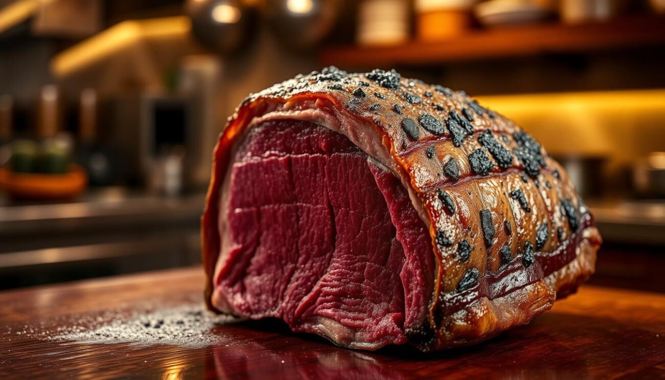 A meticulously dry-aged slab of premium carne, its surface adorned with a rich, mahogany-hued crust, glistening under the warm, golden light of a sophisticated kitchen. The meat's interior reveals a deep, burgundy-red color, with delicate marbling that hints at the intense, umami-driven flavors within. The scene evokes a sense of artisanal craftsmanship, where time and patience have transformed this humble cut into a culinary masterpiece, ready to be savored and appreciated.