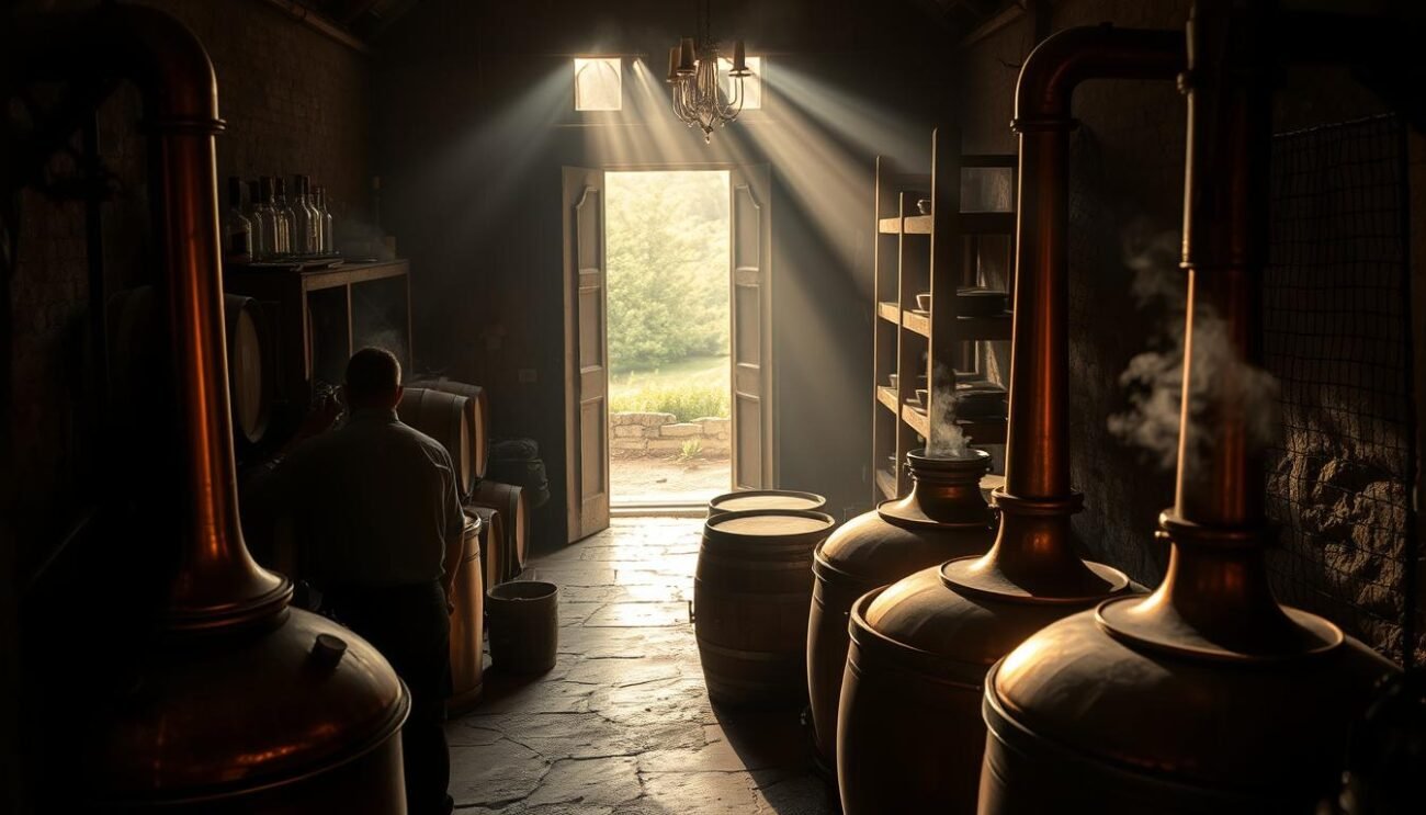 A misty, atmospheric scene of a small, rustic distillery in the Italian countryside. In the foreground, an artisan carefully tends to copper stills, the flickering flames casting a warm, golden glow. Shelves of oak barrels line the middle ground, casting long shadows as sunlight streams in through the dusty windows. In the background, a lush, green landscape can be seen through the open doorway, hinting at the origins of the juniper and lime blossom that infuse this historic spirit. The scene evokes a sense of tradition, craftsmanship, and the timeless connection between the land and the distiller's art.