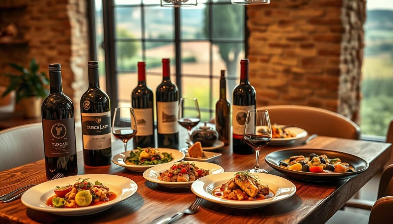 A modern Italian dining setting with a rustic yet sophisticated ambiance. A wooden table is adorned with various Tuscan red wine bottles, accompanied by artfully arranged plates of gourmet Italian dishes. The scene is bathed in warm, soft lighting, creating a cozy and inviting atmosphere. In the background, a glimpse of a traditional Tuscan landscape can be seen through a large window, further enhancing the authentic Italian experience. The overall composition captures the perfect pairing of Tuscan red wines with classic Italian cuisine, showcasing the timeless elegance and modernity of these gastronomic delights.