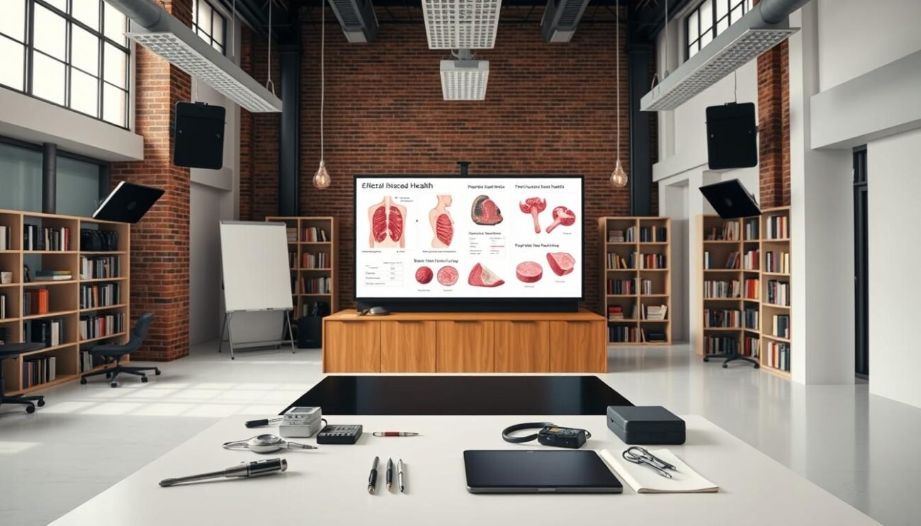 A modern, bright, and sophisticated studio space with high ceilings, exposed brick walls, and large windows that let in natural light. The foreground features a sleek, minimalist design table with various medical and scientific instruments arranged neatly. The middle ground showcases a wall-mounted display screen showing detailed anatomical illustrations and data visualizations related to the effects of red meat consumption on human health. In the background, there are bookshelves filled with medical textbooks and scientific journals. The overall atmosphere is one of clinical precision, professional expertise, and evidence-based research. A modern, bright, and sophisticated studio space with high ceilings, exposed brick walls, and large windows that let in natural light. The foreground features a sleek, minimalist design table with various medical and scientific instruments arranged neatly. The middle ground showcases a wall-mounted display screen showing detailed anatomical illustrations and data visualizations related to the effects of red meat consumption on human health. In the background, there are bookshelves filled with medical textbooks and scientific journals. The overall atmosphere is one of clinical precision, professional expertise, and evidence-based research.
