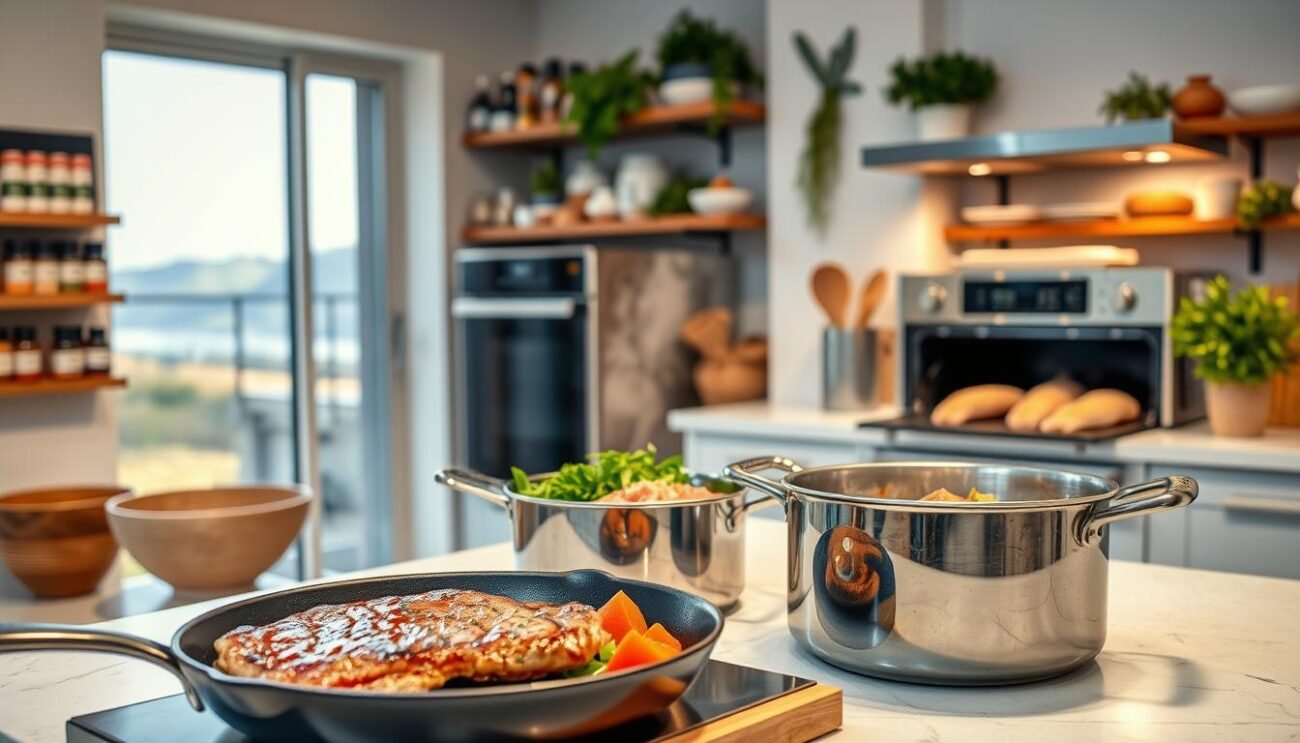 A modern kitchen interior with various healthy cooking methods on display. In the foreground, a cast-iron skillet sears a succulent steak, while a large stockpot simmers with a nutritious vegetable stew. In the middle ground, a convection oven bakes lean chicken breasts, and a sous vide setup slowly cooks tender pork loin. The background features a well-stocked spice rack, fresh herbs, and a serene view of an Italian countryside through a large window. The lighting is warm and inviting, creating a cozy atmosphere that encourages mindful, healthy meal preparation.