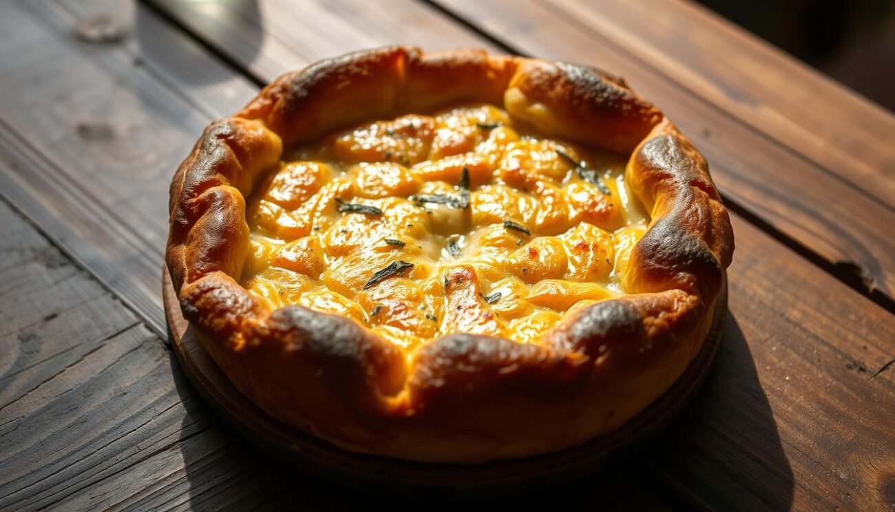 A mouth-watering Frico Friulano, a traditional Friulian cheese tart, sits atop a rustic wooden table. The crispy, golden-brown crust envelops a molten, stringy cheese center, emitting delicate aromas of aged Montasio and Friulian herbs. Soft natural lighting casts a warm, inviting glow, accentuating the dish's artisanal craftsmanship. The scene evokes the rich culinary heritage and time-honored traditions of the Friuli region, capturing the essence of this beloved local delicacy. A mouth-watering Frico Friulano, a traditional Friulian cheese tart, sits atop a rustic wooden table. The crispy, golden-brown crust envelops a molten, stringy cheese center, emitting delicate aromas of aged Montasio and Friulian herbs. Soft natural lighting casts a warm, inviting glow, accentuating the dish's artisanal craftsmanship. The scene evokes the rich culinary heritage and time-honored traditions of the Friuli region, capturing the essence of this beloved local delicacy.