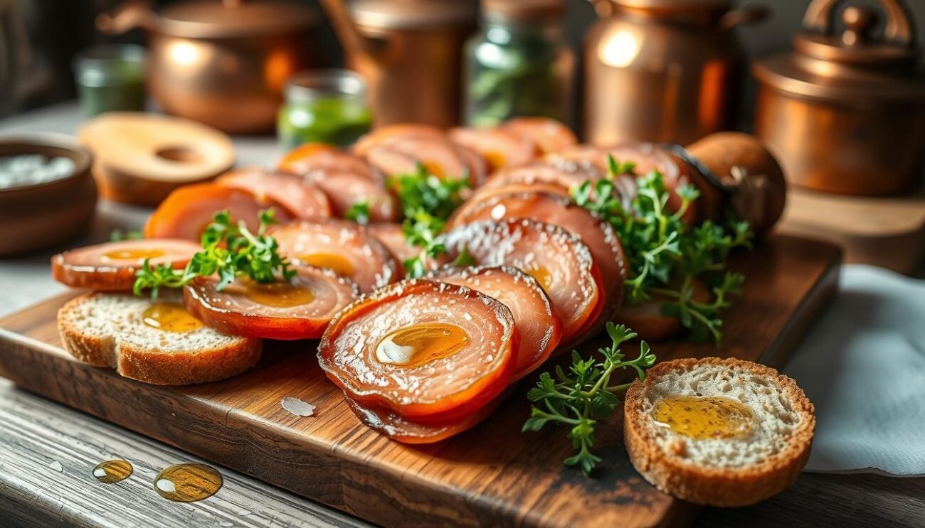 A mouth-watering spread of traditional South Tyrol Speck slices, artfully arranged on a rustic wooden board. Surrounding the cured, smoky meat are slices of hearty rye bread, delicate microgreens, and a drizzle of fragrant olive oil. The lighting is soft and natural, highlighting the texture and rich color of the Speck. In the background, a cozy kitchen scene with copper pots and jars of herbs sets the stage for this authentic Alpine culinary experience. The overall mood is one of rustic elegance, inviting the viewer to savor the flavors and aromas of this iconic Italian charcuterie.