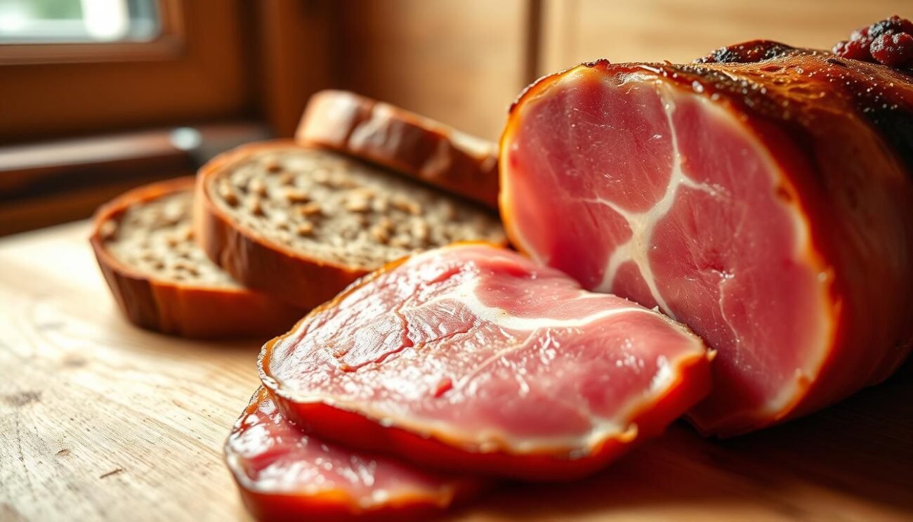 A mouthwatering close-up of a thick, glistening slice of speck alto adige, the renowned smoked and cured Italian pork charcuterie. The foreground features the rustic, pinkish-red meat with its distinct smoky aroma, complemented by the intriguing texture of the fat marbling. In the middle ground, a few slices of hearty, golden-brown rye bread provide a perfect pairing, while the background showcases a warm, cozy atmosphere with natural lighting and a simple, wooden surface. The overall scene conveys the premium quality and traditional craftsmanship of this iconic Alto Adige delicacy, ready to be savored with care and appreciation.