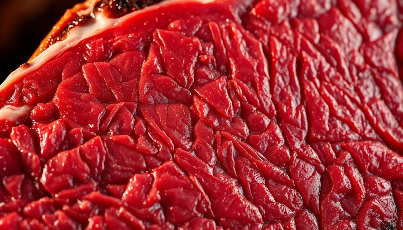 A mouthwatering close-up of juicy red meat, glistening with marbled fat. The textured surface capturing the rich, savory essence of the cut. Warm lighting casts dramatic shadows, highlighting the succulent, tender character of the "contenuto grassi carne". The image exudes an enticing, rustic atmosphere, inviting the viewer to appreciate the unique qualities that distinguish red meat from its leaner counterparts. Captured with a crisp, high-resolution lens to emphasize the depth and complexity of the subject matter.