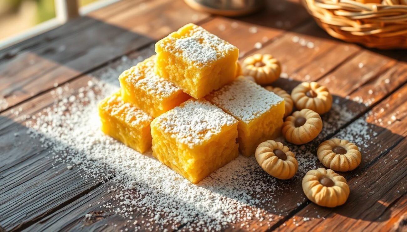A mouthwatering dessert on a rustic wooden table, golden polenta squares dusted with powdered sugar, accompanied by delicate, bite-sized hazelnut cookies called "Osei." The sun-drenched scene captures the warmth and tradition of Bergamo's culinary heritage. Soft, diffused lighting highlights the natural textures and colors, creating an inviting and nostalgic atmosphere. The placement of the polenta and cookies suggests a harmonious balance, reflecting the sweet conclusion to a hearty, regional meal. This image perfectly encapsulates the essence of "Polenta e Osei dolce," the beloved Bergamask dessert.