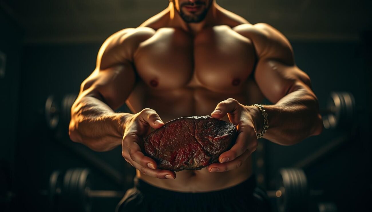 A muscular athlete stands in a dimly lit gym, their physique silhouetted against a backdrop of weightlifting equipment. The athlete's hands grip a juicy, medium-rare steak, symbolic of the essential role of red meat in their high-performance diet. The scene is bathed in a warm, golden glow, conveying a sense of power, vitality, and the synergy between athletic training and nutritious, nutrient-dense foods. The composition is cinematic, with a shallow depth of field that draws the viewer's focus to the central figure and the steak, highlighting the importance of this dietary element for sports performance and recovery. A muscular athlete stands in a dimly lit gym, their physique silhouetted against a backdrop of weightlifting equipment. The athlete's hands grip a juicy, medium-rare steak, symbolic of the essential role of red meat in their high-performance diet. The scene is bathed in a warm, golden glow, conveying a sense of power, vitality, and the synergy between athletic training and nutritious, nutrient-dense foods. The composition is cinematic, with a shallow depth of field that draws the viewer's focus to the central figure and the steak, highlighting the importance of this dietary element for sports performance and recovery.