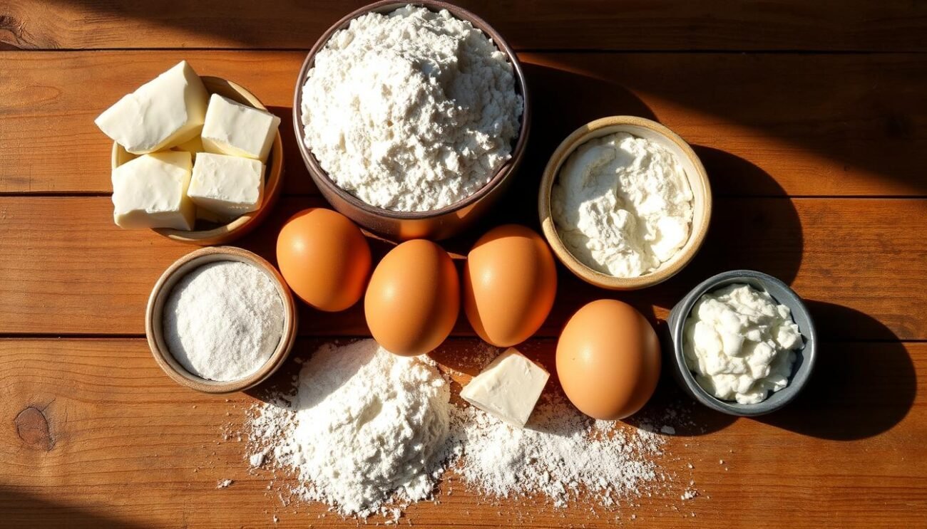 A neatly arranged still life featuring a selection of ingredients for the traditional Italian "calcioni di ricotta" pastry: fresh ricotta cheese, eggs, flour, sugar, and a dusting of powdered sugar. The ingredients are presented on a rustic wooden surface, with natural lighting casting warm shadows and highlights. The composition emphasizes the simplicity and authenticity of the recipe, capturing the essence of homemade Italian baking. The mood is cozy and inviting, evoking the comforts of the Molisan countryside.