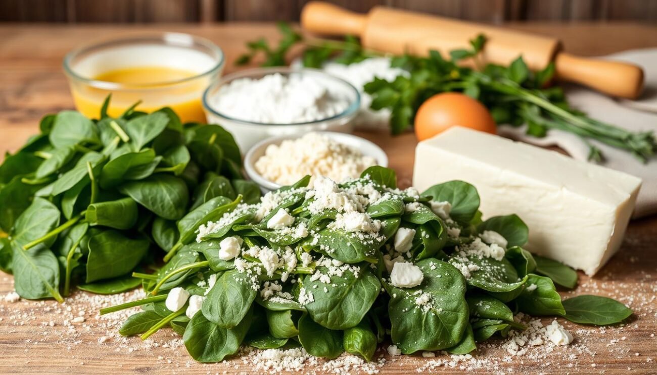 A neatly arranged still life featuring an assortment of fresh, high-quality ingredients for making traditional Tirtlan - the delectable spinach and ricotta-filled fritters from the Puster Valley in South Tyrol, Italy. In the foreground, a pile of vibrant green spinach leaves, a wedge of creamy white ricotta cheese, and a sprinkling of grated Parmesan. In the middle ground, a bowl of beaten eggs, a dusting of flour, and a wooden rolling pin. In the background, a rustic wooden table, complemented by a simple linen cloth and a scattering of herbs. The lighting is soft and natural, highlighting the textures and colors of the ingredients. The overall mood is one of warmth, authenticity, and culinary delight, reflecting the traditional, homemade nature of this beloved regional specialty.