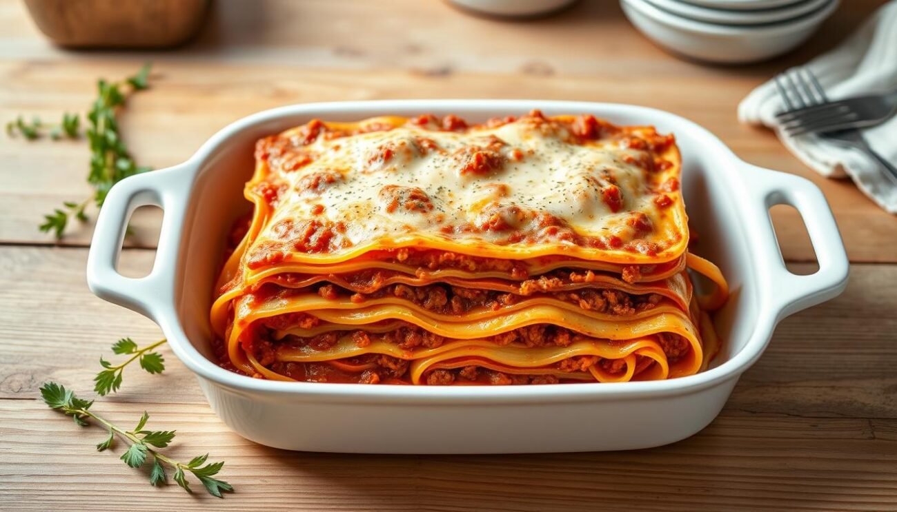 A neatly assembled lasagna alla Bolognese, with layers of fresh pasta, rich meat sauce, and creamy béchamel, all baked to a golden-brown perfection. The dish is presented in a clean, rustic setting, with a white ceramic baking dish placed on a wooden table, surrounded by fresh herbs and a few simple kitchen utensils. The lighting is soft and warm, creating a cozy and inviting atmosphere, perfectly suited for an authentic Italian culinary experience. The focus is on the beautifully layered lasagna, showcasing the classic Emilian recipe in all its glory.