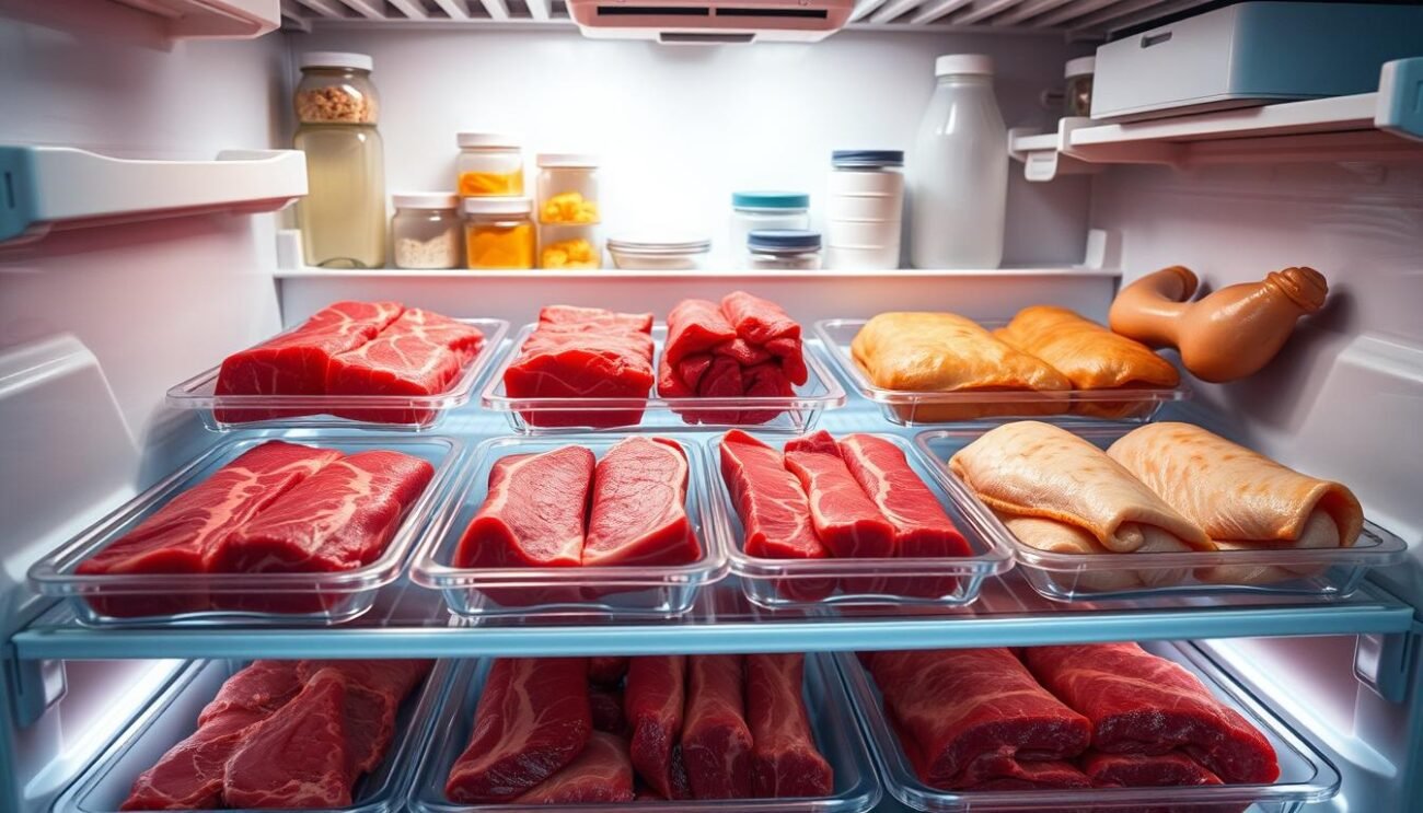 A neatly organized refrigerator interior, with fresh cuts of beef, pork, and chicken meticulously arranged on clear plastic trays. The meat glistens under soft, even lighting, highlighting its vibrant colors and pristine quality. In the background, shelves stocked with jars, containers, and other refrigeration supplies convey a sense of organization and food preservation. The overall scene evokes a clean, well-maintained kitchen, ready to preserve the freshness of the meats for optimal storage and future culinary use.