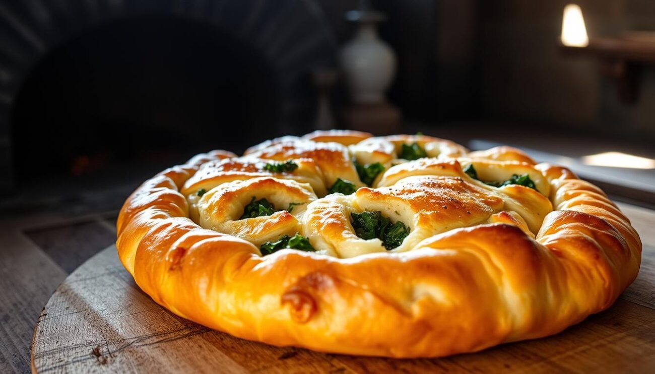 A nourishing, golden-crusted Erbazzone Reggiano, freshly baked in a rustic wood-fired oven. The savory filling of wild greens, herbs, and Parmigiano-Reggiano cheese is nestled between delicate layers of buttery, flaky pastry. The image is shot from a low angle, highlighting the rich, earthy tones and the artisanal craftsmanship of this traditional Emilian dish. Soft, natural lighting filters through a window, casting a warm glow and conveying the comforting, homespun atmosphere of the rural Emilian countryside.