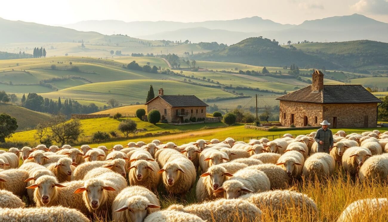 A pastoral scene depicting the origins of Italian cheeses. In the foreground, a shepherd tends to a flock of sheep, their wooly coats glistening in the soft, golden light. In the middle ground, a rustic farmhouse stands amidst rolling hills, its stone walls and thatched roof hinting at a bygone era. In the distance, a verdant landscape stretches out, dotted with olive trees and vineyards, the backdrop for this timeless tableau of Italian culinary heritage. The scene is imbued with a sense of tranquility and tradition, capturing the essence of the enduring legacy of Italian cheese-making. A pastoral scene depicting the origins of Italian cheeses. In the foreground, a shepherd tends to a flock of sheep, their wooly coats glistening in the soft, golden light. In the middle ground, a rustic farmhouse stands amidst rolling hills, its stone walls and thatched roof hinting at a bygone era. In the distance, a verdant landscape stretches out, dotted with olive trees and vineyards, the backdrop for this timeless tableau of Italian culinary heritage. The scene is imbued with a sense of tranquility and tradition, capturing the essence of the enduring legacy of Italian cheese-making.