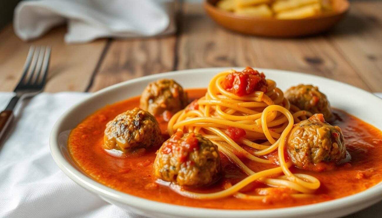 A perfectly cooked plate of polpette al ragù napoletano, the classic Italian meatballs simmered in a rich, tomato-based sauce. In the foreground, juicy meatballs with a golden-brown exterior, gently nestled in a pool of vibrant, glistening sauce. The middle ground features a hearty portion of spaghetti, twirled and twisting around the meatballs, ready to soak up every last drop of the flavorful ragù. In the background, a simple, rustic wooden table, set with a crisp white cloth, creating a warm and inviting atmosphere. The lighting is soft and natural, casting a gentle glow over the scene, highlighting the vibrant colors and textures of the dish. The overall composition is balanced and visually appealing, capturing the essence of this timeless, family-style Italian meal.